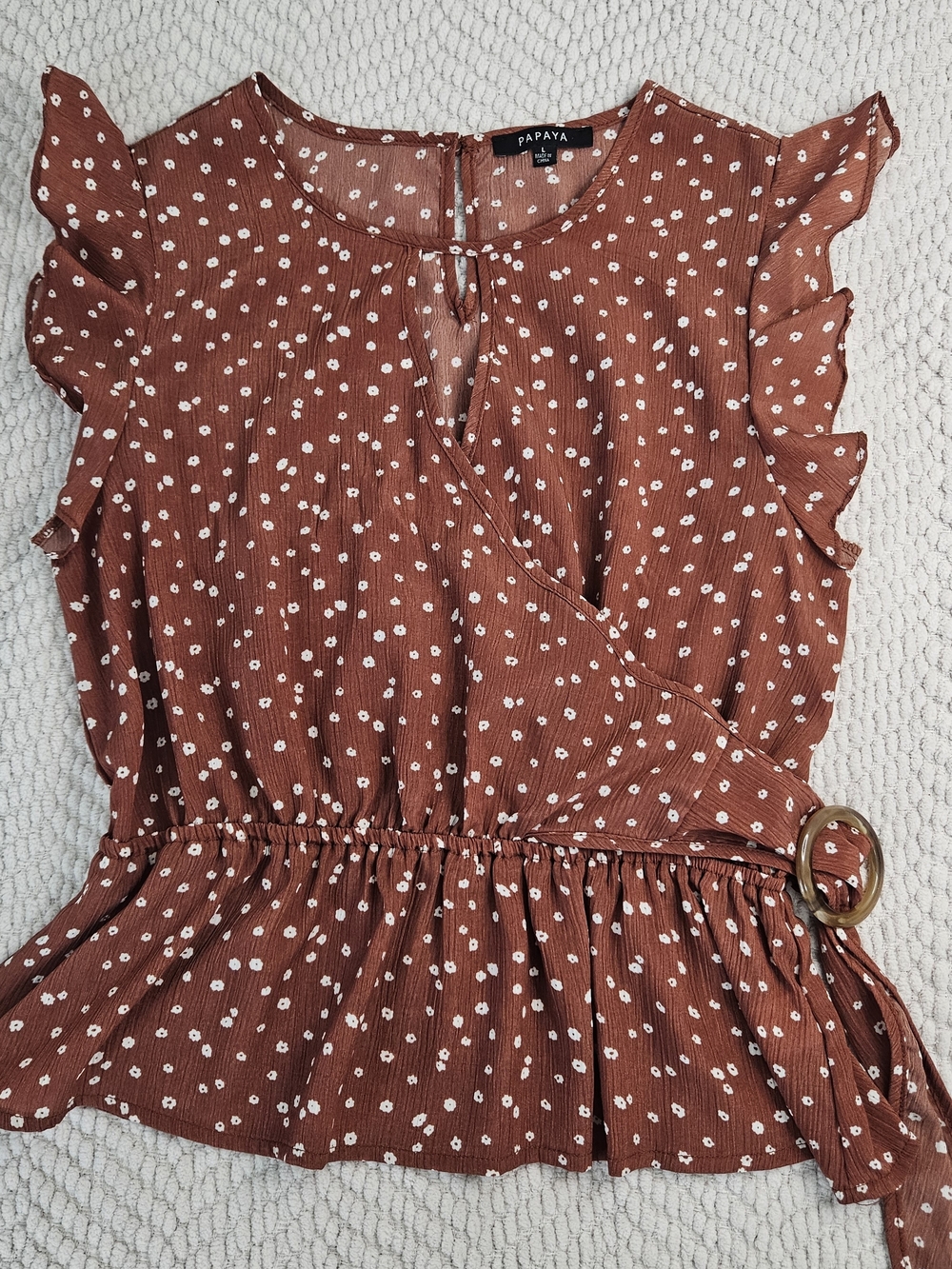 Papaya Rust with White Dot Ruffle Wrap Top